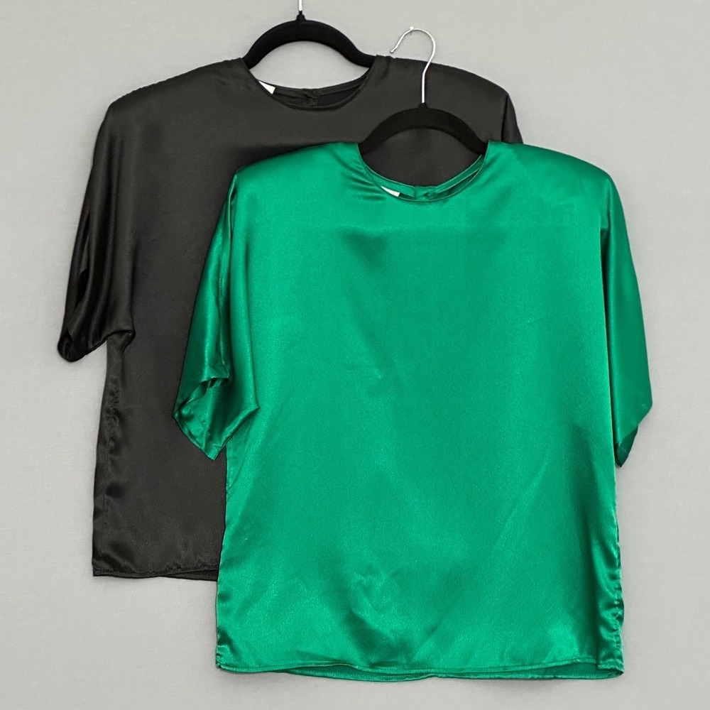 Lots of 2 VTG 80s 90s Womens Tops 10 Black Green Satin Short Sleeve Shell Blouse